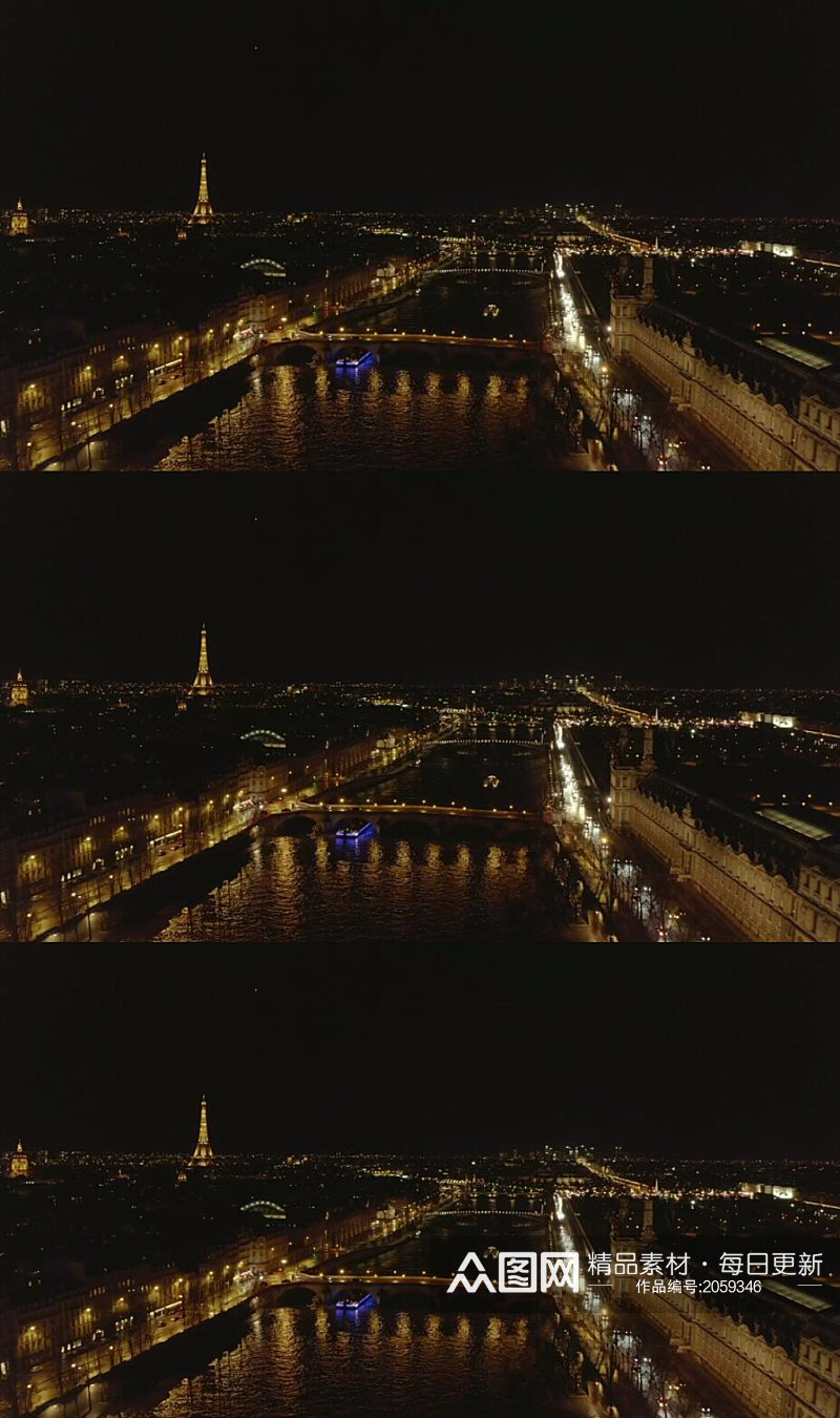 夜晚航拍巴黎塞纳河城市夜景动态实拍视频 风景视频素材
