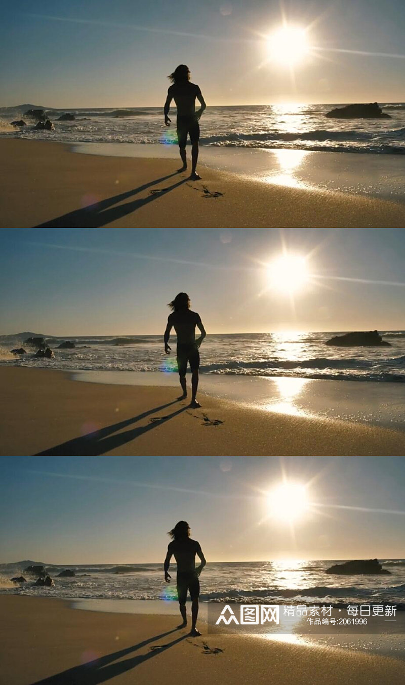 一个男性在沙滩上表演侧手翻后空翻实拍素材