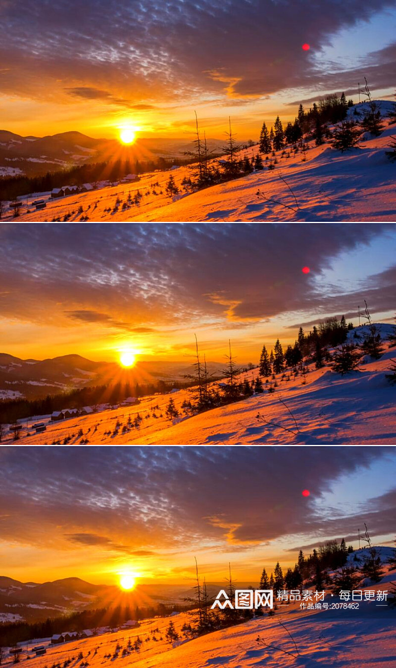 延时摄影冬季清晨日出下的雪山森林美景实拍素材