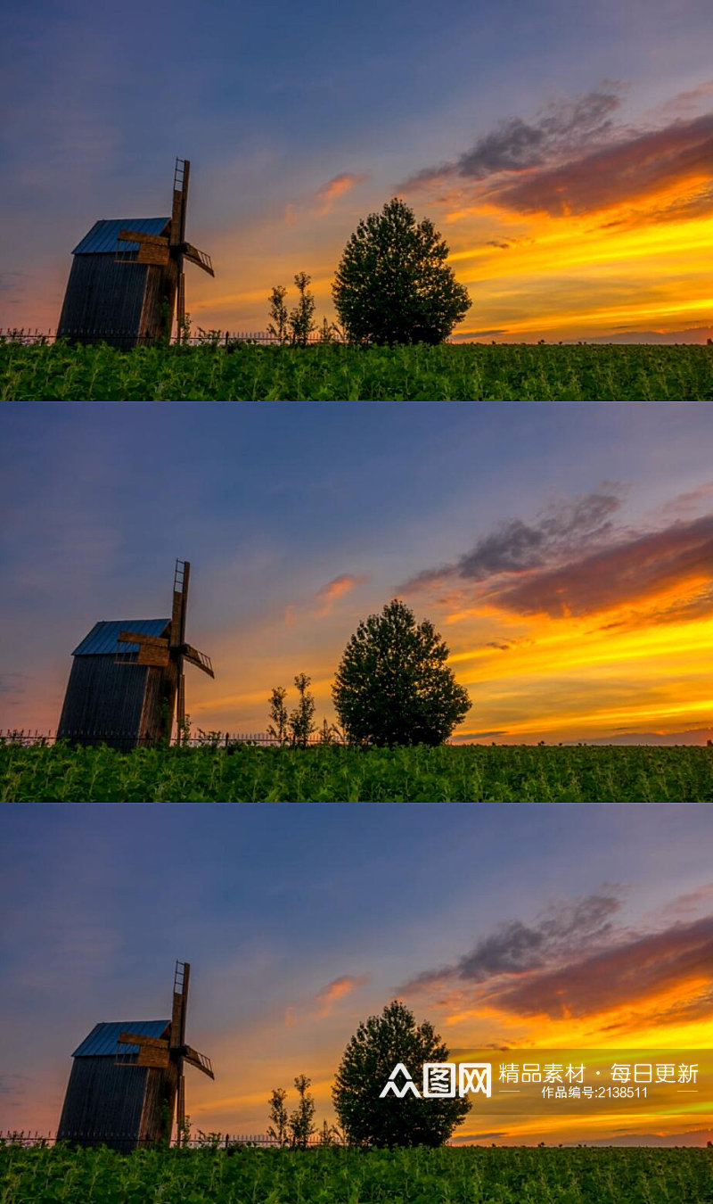 日落夕阳下草原上的木屋风车美景实拍素材素材