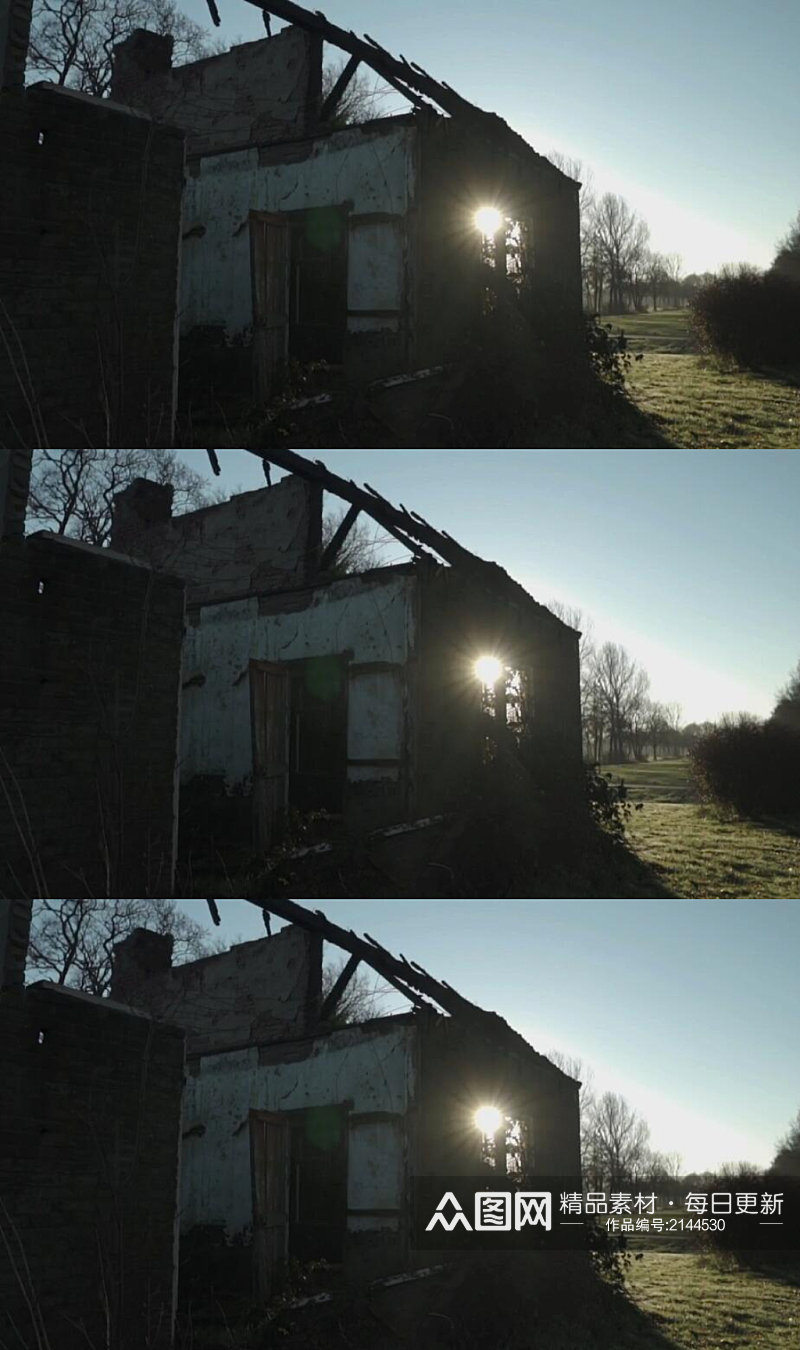 晴朗的天空下树林里的破房子实拍视频素材