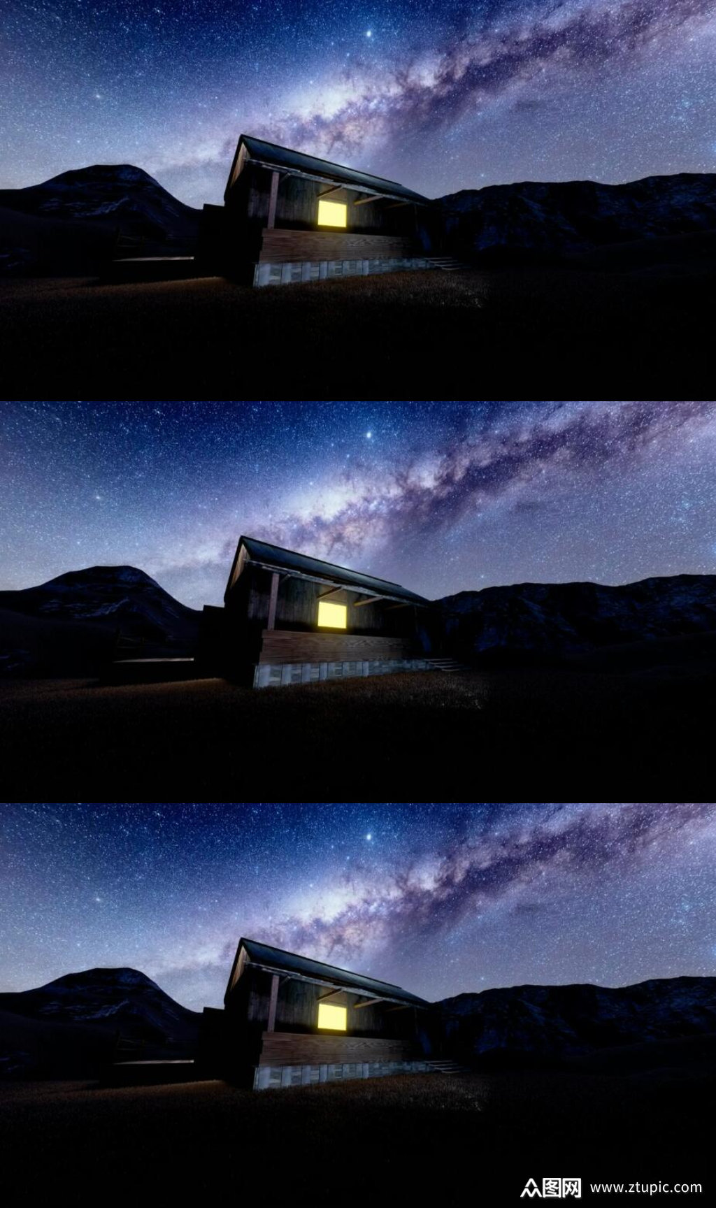 3d动画宇宙星空下的小木屋舞台背景视频