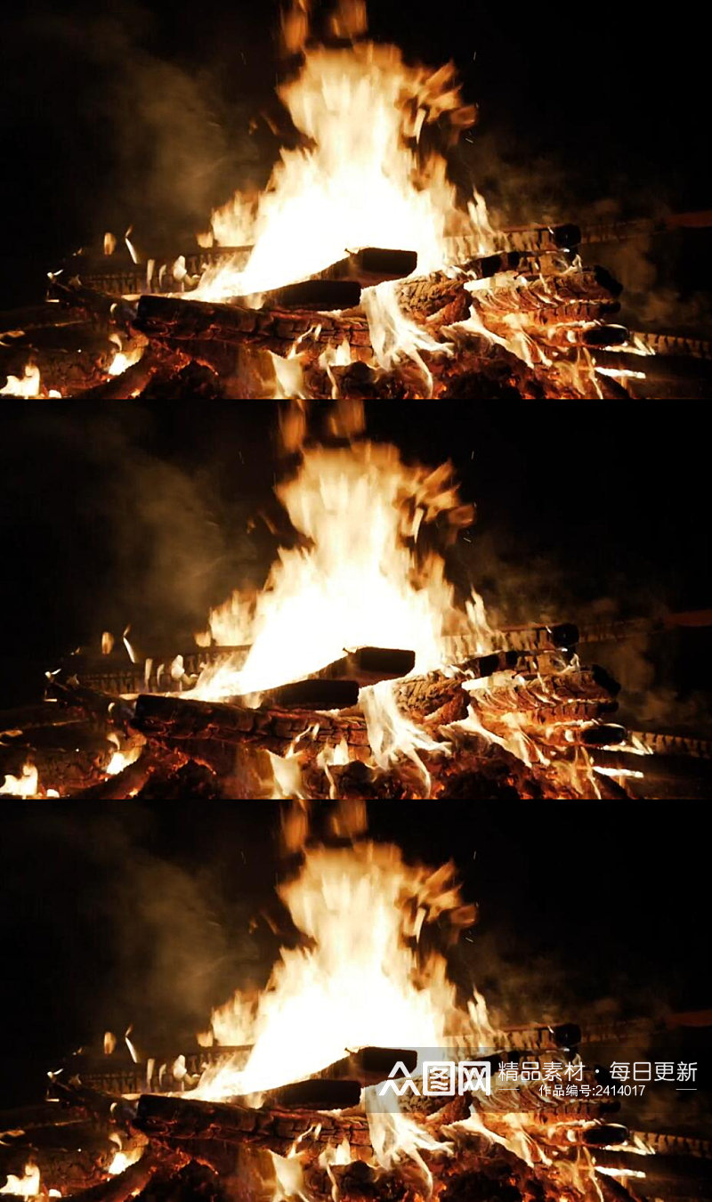 夜晚圆木头燃烧的火焰实拍视频素材