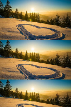 冬季日落夕阳下雪山森林上的爱心美景实拍