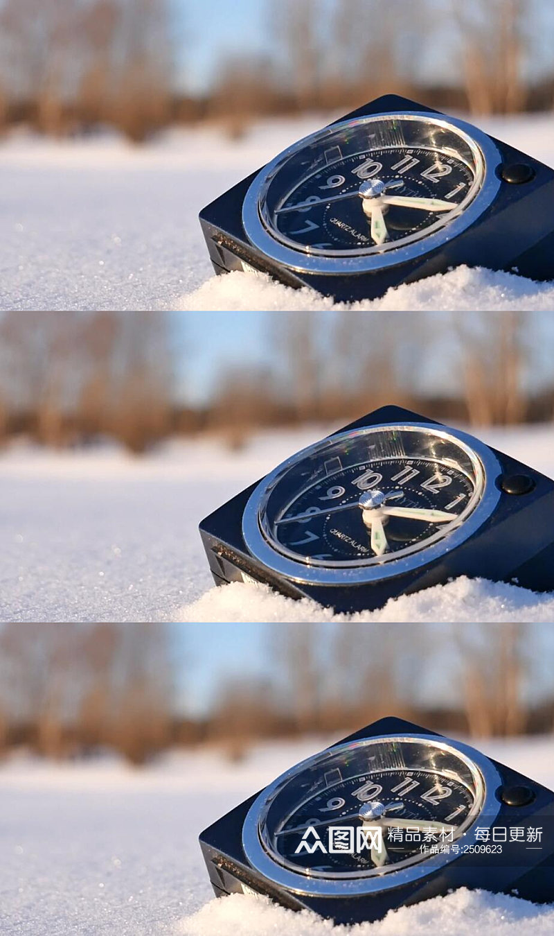 冬季森林雪地上的闹钟实拍视频素材