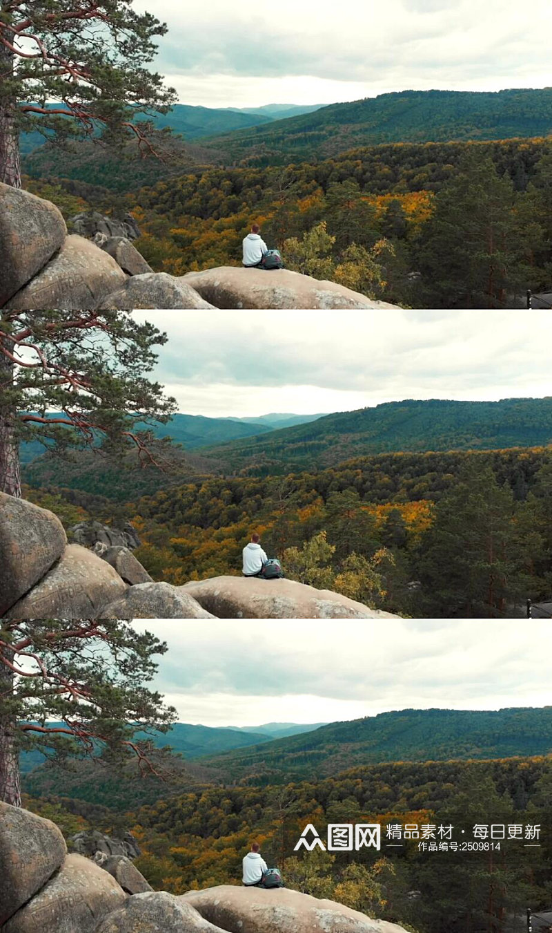 坐在山上享受森林美景的男子实拍视频素材