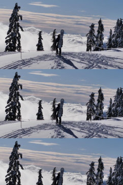 雪山峰顶的滑雪爱好者实拍视频