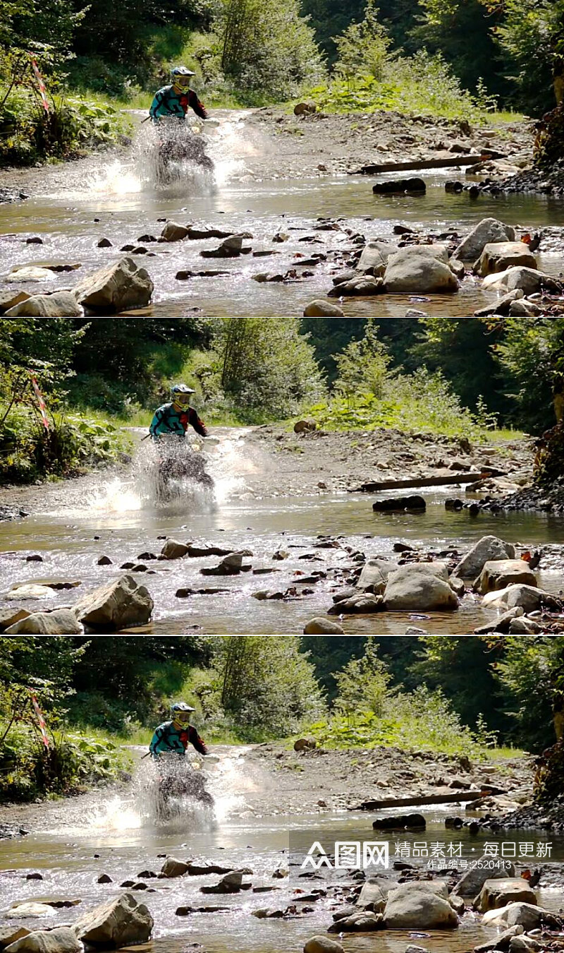 慢摄越野赛车骑手穿过河流实拍视频素材