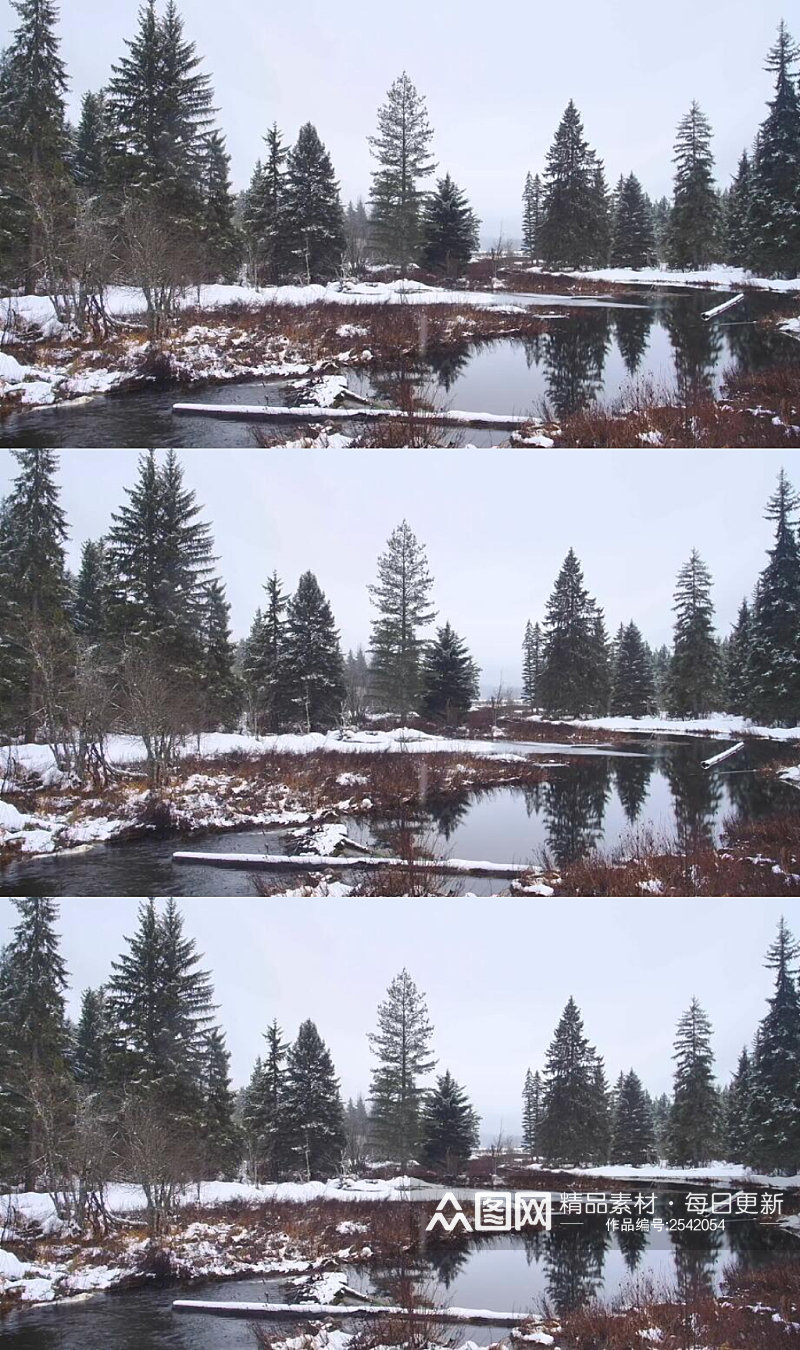 白雪皑皑的森林中的河流实拍视频素材