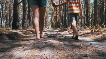 母子手牵手在森林里散步实拍视频-众图网