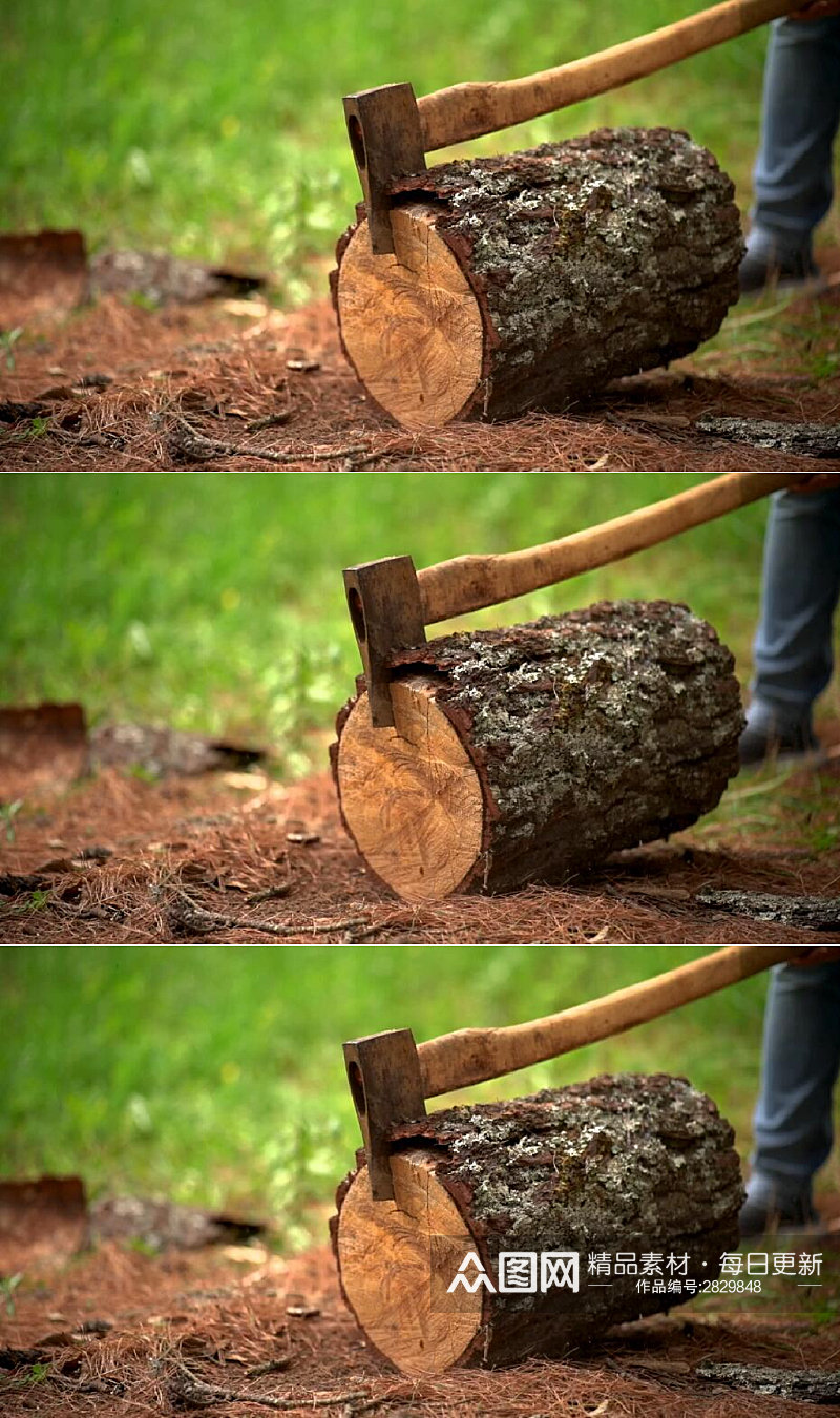 男人用斧头劈开一块原木实拍视频素材