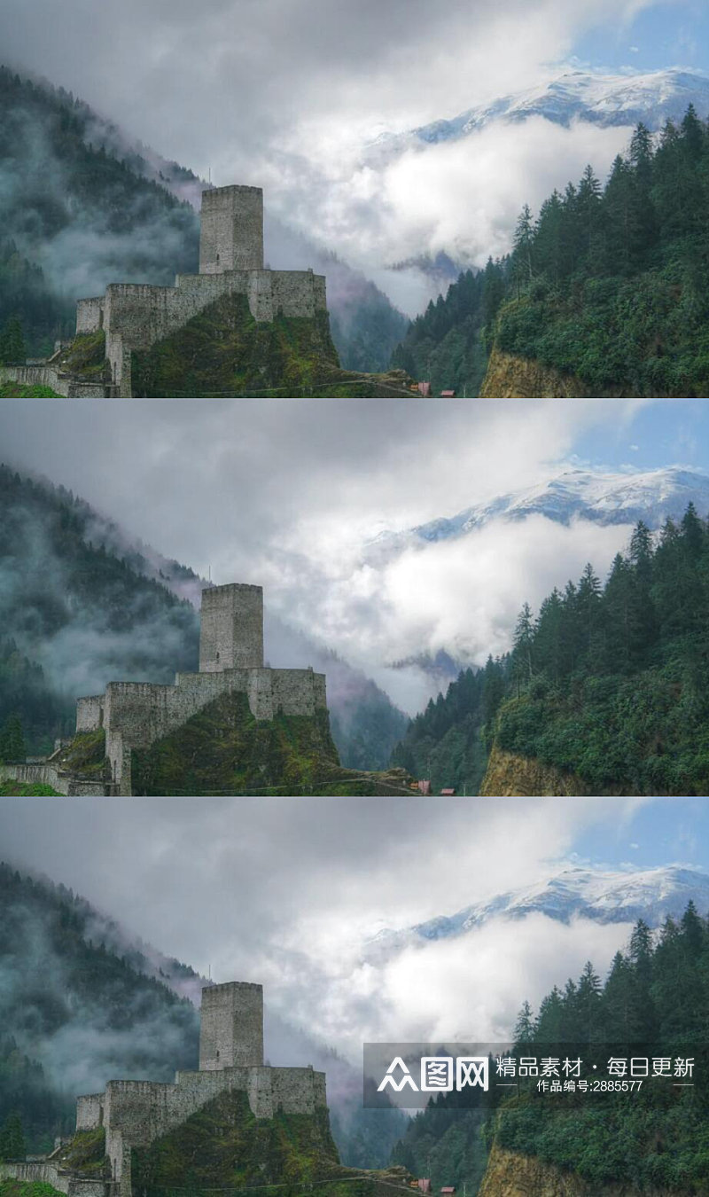 延时摄影多云森林中的中世纪城堡实拍视频素材