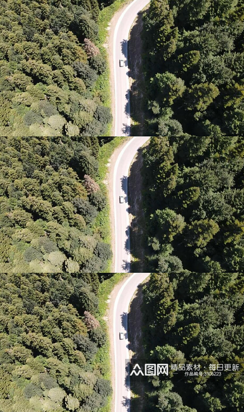 航拍穿过绿色森林的公路汽车实拍视频素材