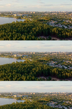 航拍日落夕阳下的森林湖边城市实拍视频