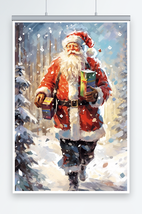 平安夜大雪中的圣诞老人插画