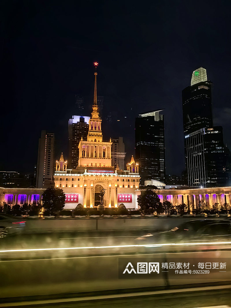上海展览中心夜景摄影图素材