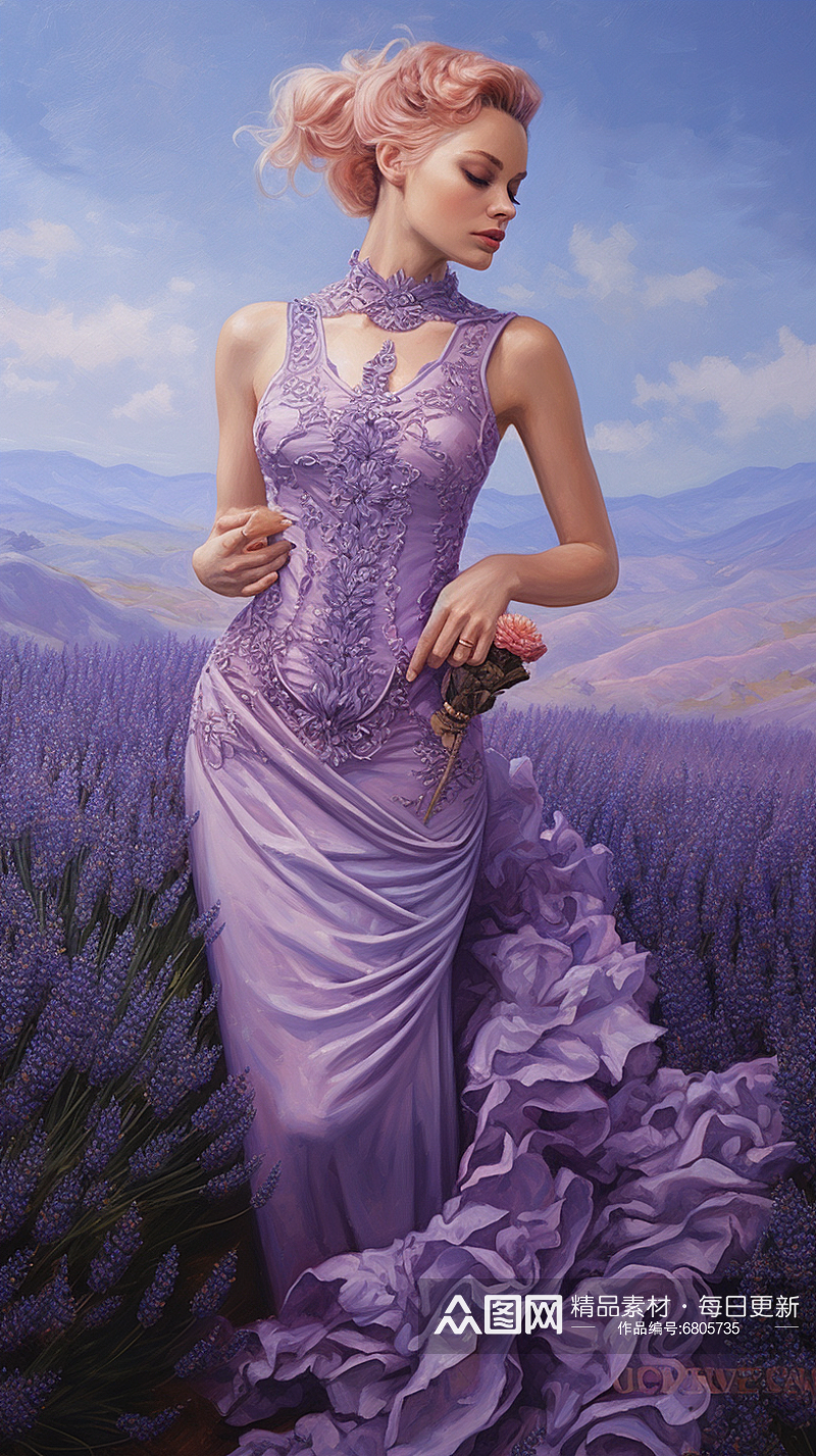紫色浪漫薰衣草与美女素材