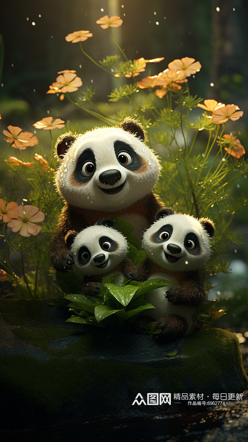 草丛中可爱的卡通大熊猫插画素材
