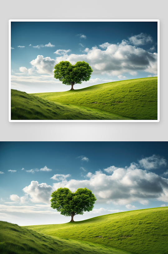 绿色心形树草原风景摄影图