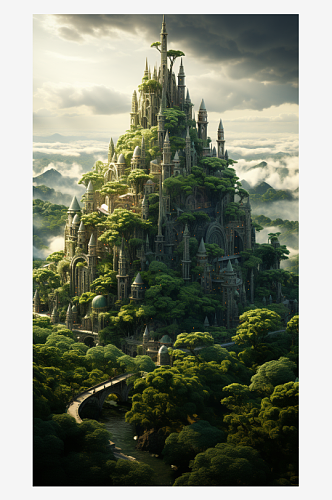 绿意盎然的城堡世界插画