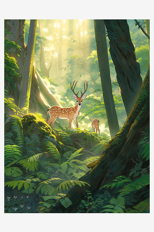 森林里的梅花鹿插画