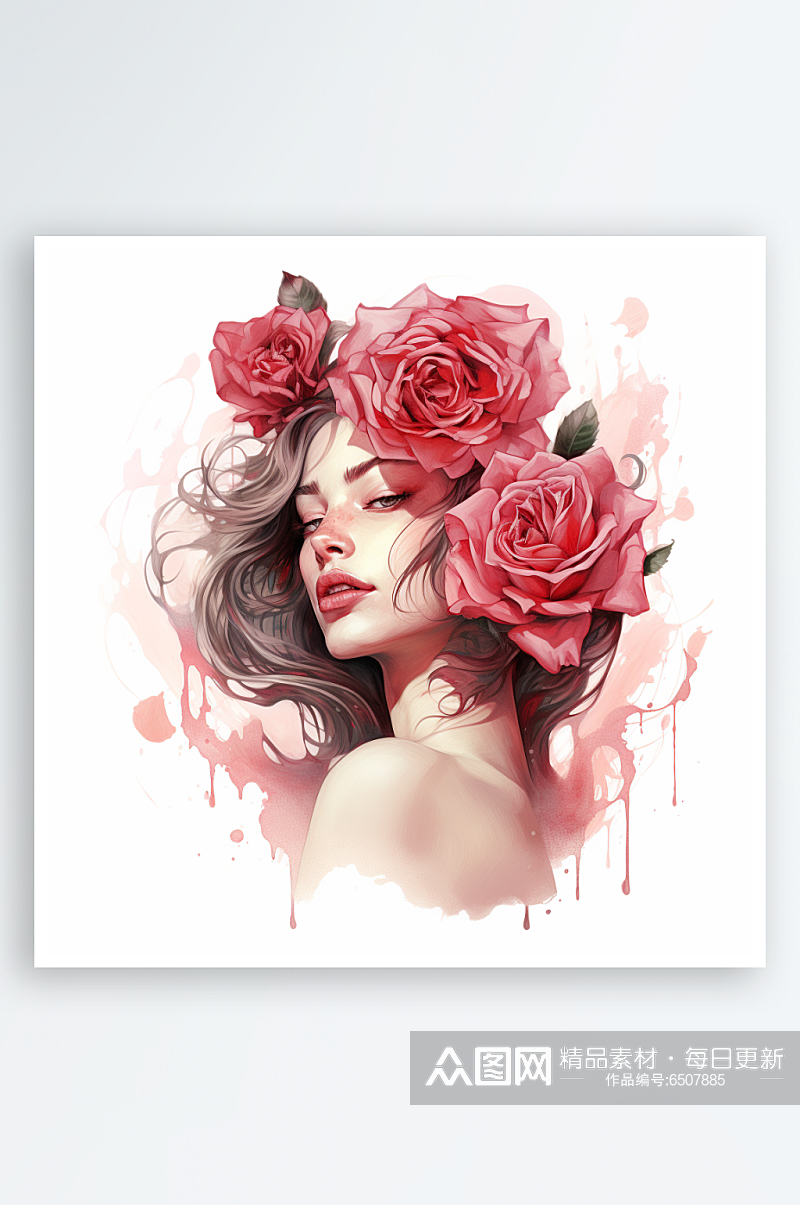 手绘红玫瑰与美女头像插画素材