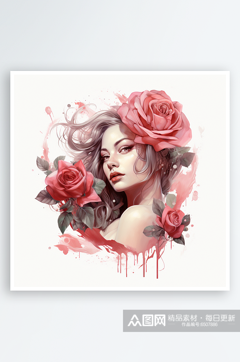 手绘红玫瑰与美女头像插画素材