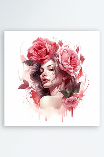 手绘红玫瑰与美女头像插画