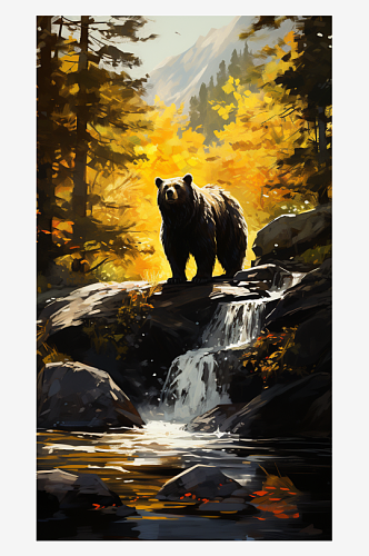 有熊的秋日风景插画
