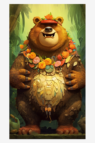 森林里带花环的熊插画