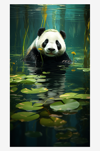 荷塘中游泳的大熊猫摄影图