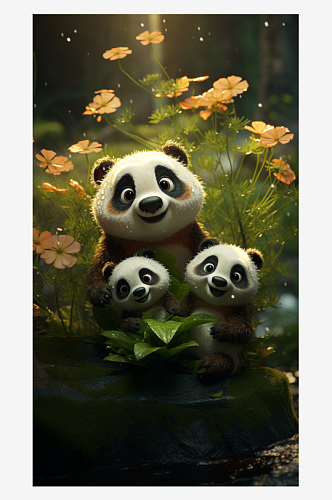 草丛中可爱的卡通大熊猫插画