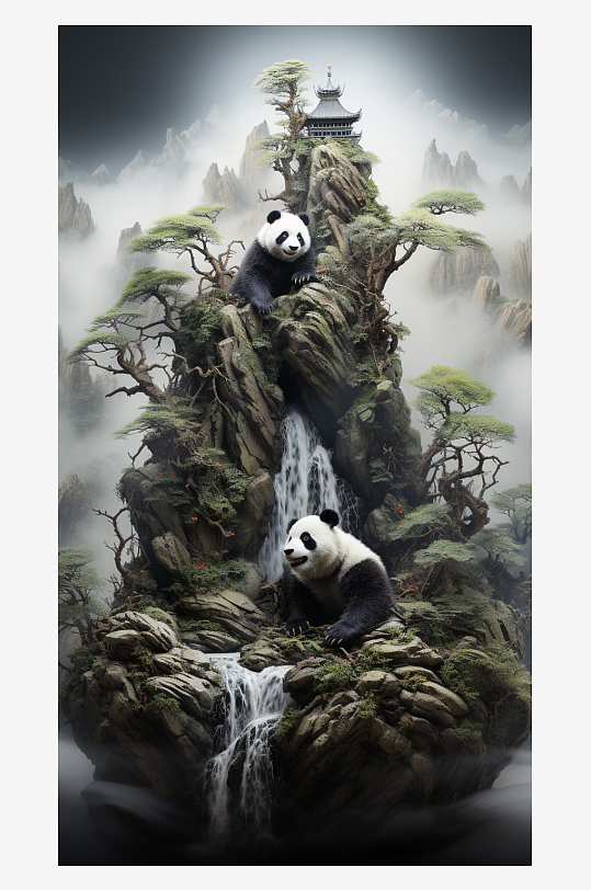 山中的大熊猫创意插画