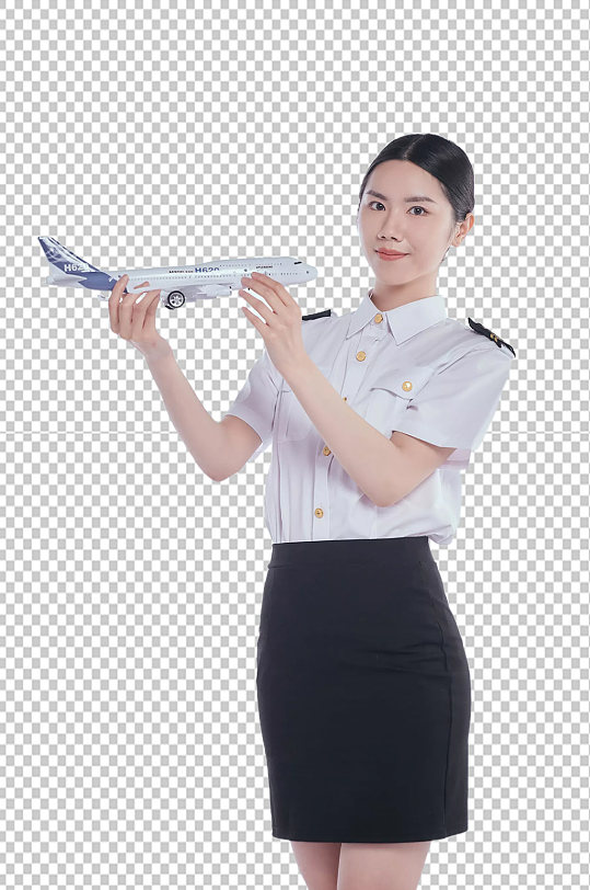 空乘航空人员手持飞机模型展示摄影图元素