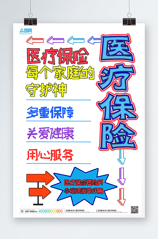 医疗保险促销手绘pop风格保险海报