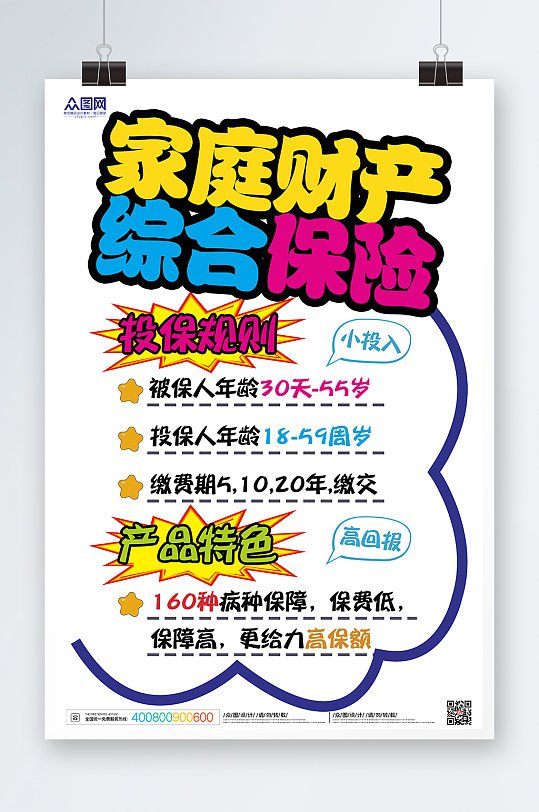 家庭财产保险促销手绘pop风格保险海报
