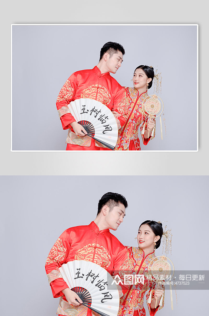 手持扇子喜庆中式婚礼男女人物精修摄影图素材