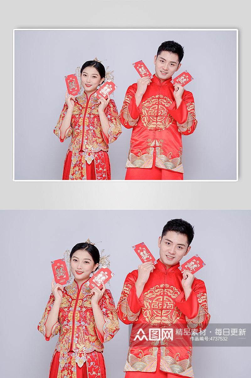 手持红包中式婚礼男女人物精修摄影图素材