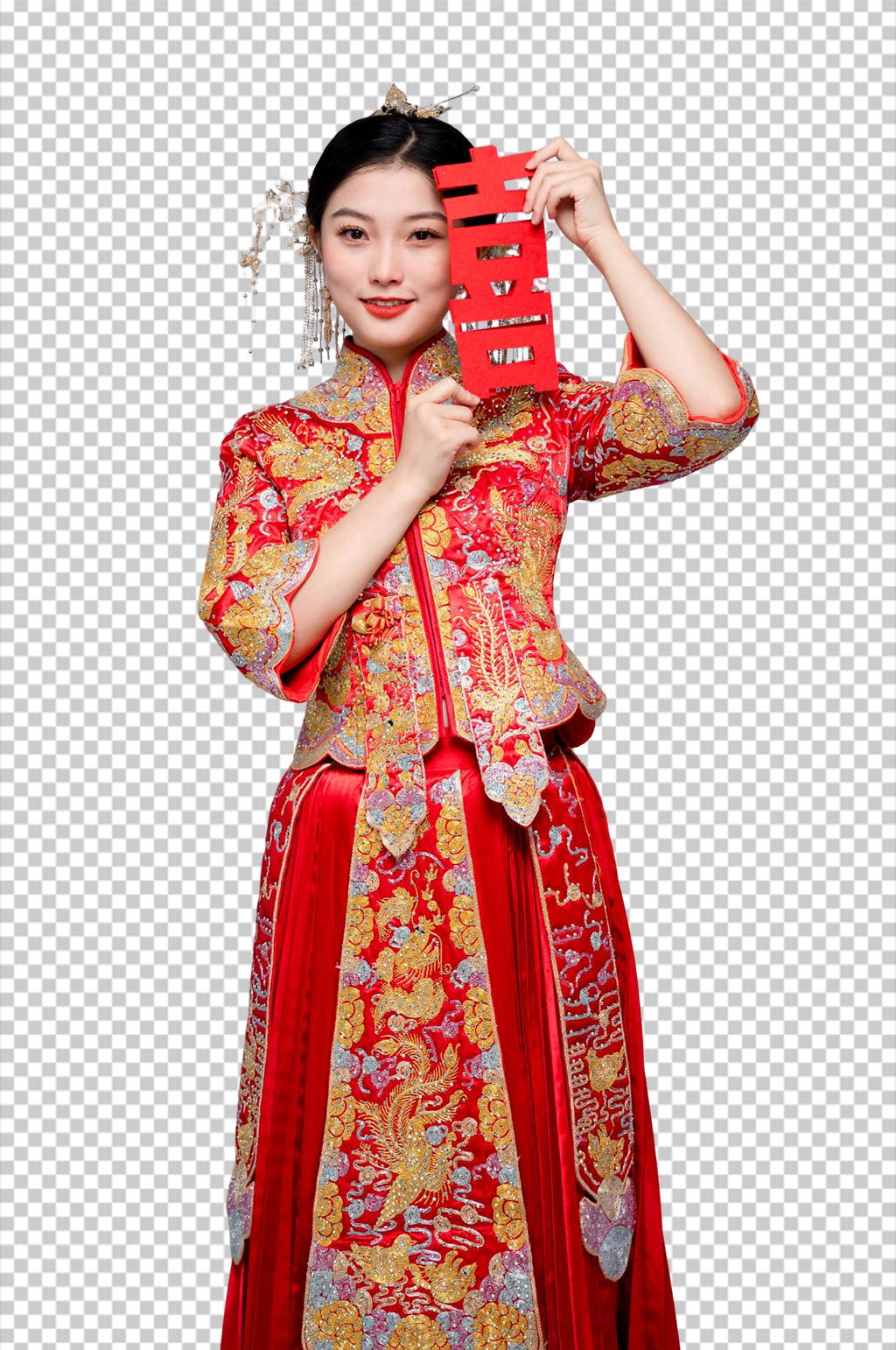 手拿喜字中式婚礼新娘免扣PNG摄影照素材