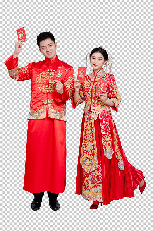 手拿红包中式婚礼新郎新娘免扣PNG摄影照-众图网