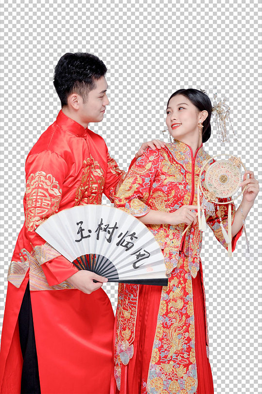 手拿团扇中式婚礼男女人物免扣PNG摄影照-众图网