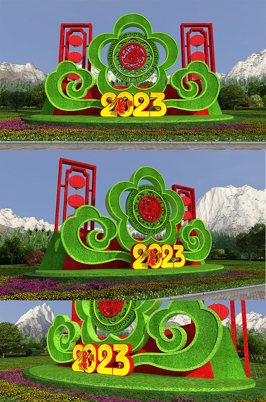 2023兔年新年春节户外绿雕设计