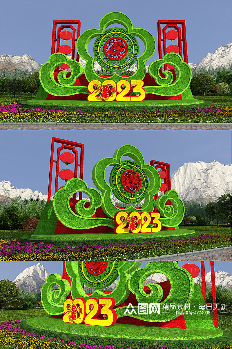 2023兔年新年春节户外绿雕设计素材
