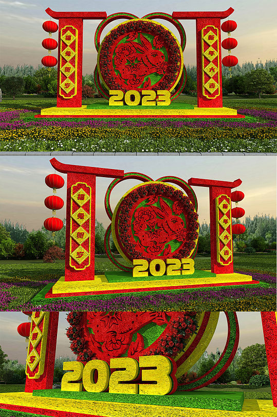 2023大气兔年春节户外绿植雕塑