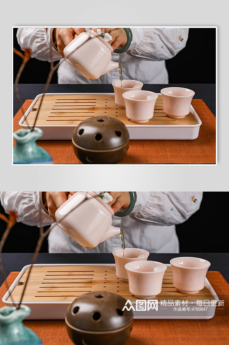 粉色捏花茶具茶杯茶壶果茶道茶文化摄影图片素材