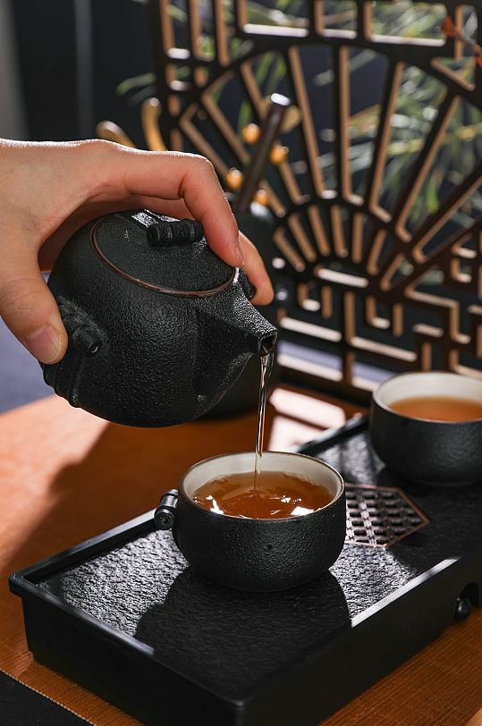 绿茶黑陶茶具茶杯茶壶茶道茶文化摄影图片