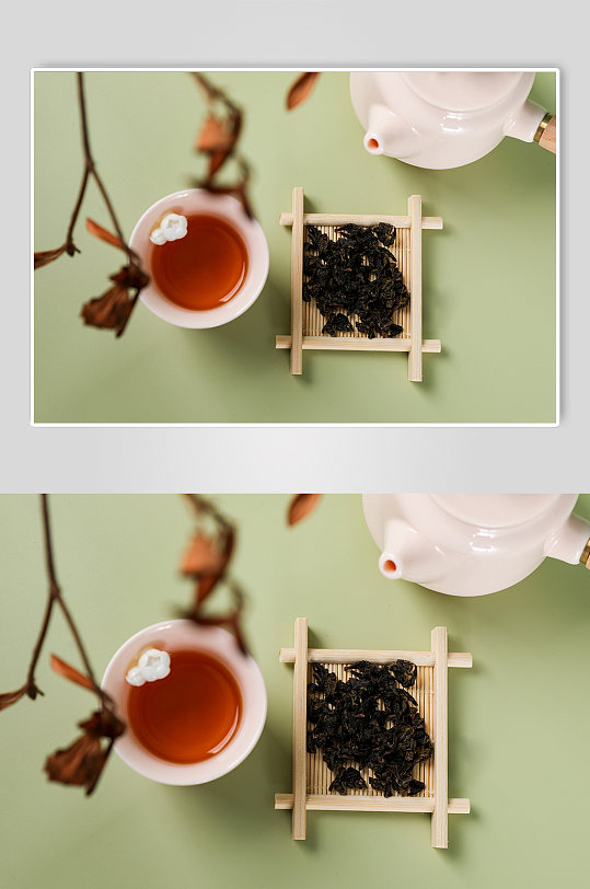 粉色捏花茶具茶叶茶道茶文化摄影图片