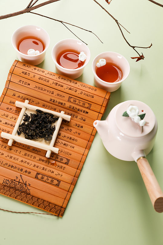 粉色捏花茶具茶叶茶道茶文化摄影图片