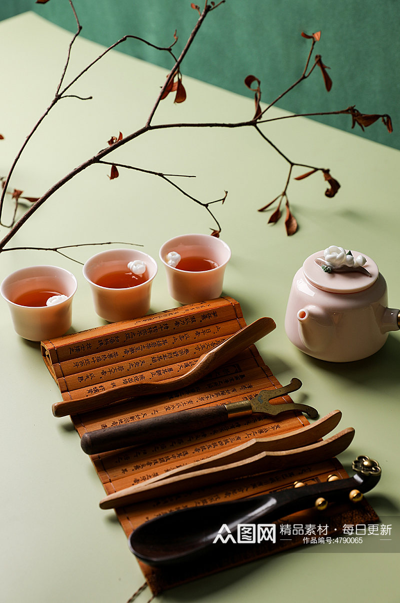 粉色捏花茶具茶道六君子茶道茶文化摄影图片素材