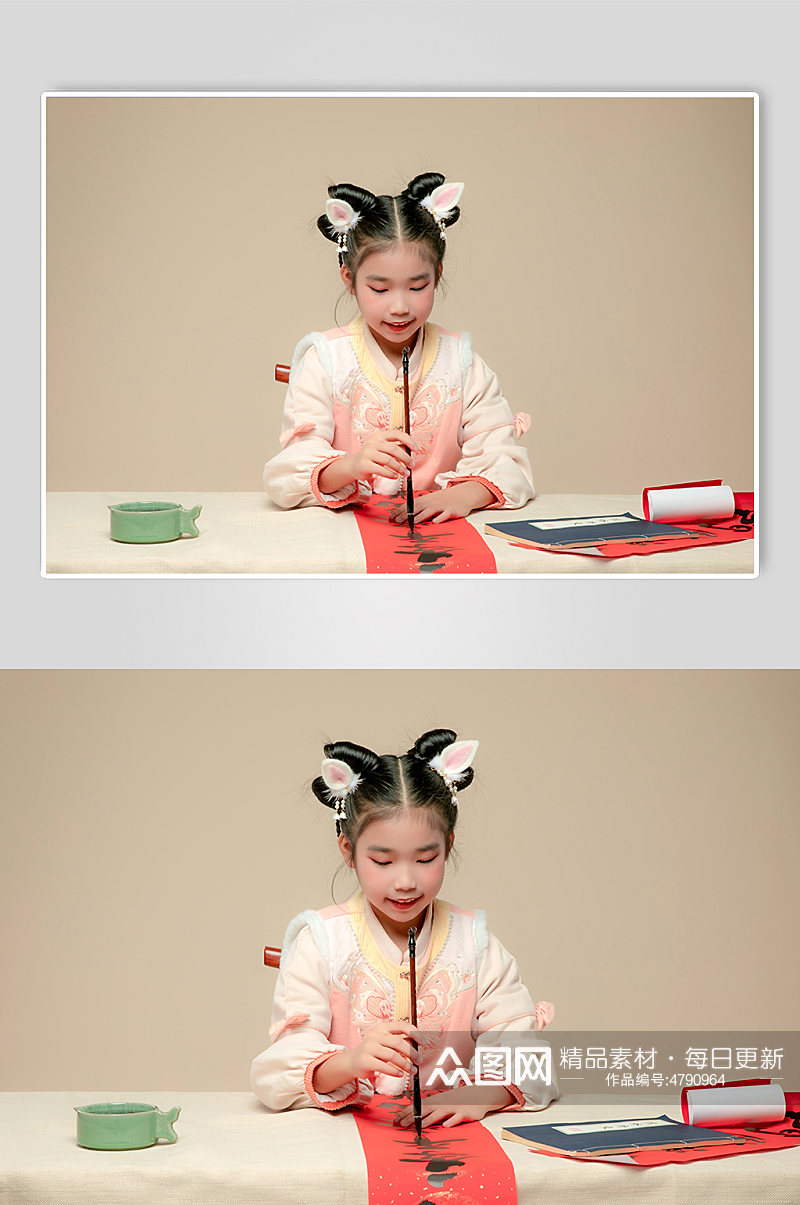 春节写春联小女孩兔年新年汉服儿童摄影图素材